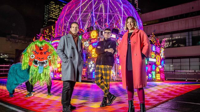 Rising artistic directors Gideon Obarzanek and Hannah Fox, with artist Paul Yore (centre) at Golden Square. Picture: Jake Nowakowski