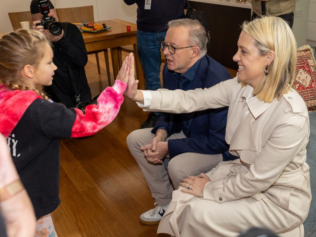 Chief executive of campaign group Parenthood Georgie Dent with Prime Minister, Anthony Albanese in Petersham. Picture: Seb Haggett