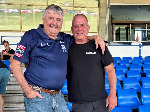 Bulldogs sponsor and hotel tycoon Arthur Laundy with premiership-winning forward Jason Smith at Belmore Sportsground last week. Picture: Supplied.