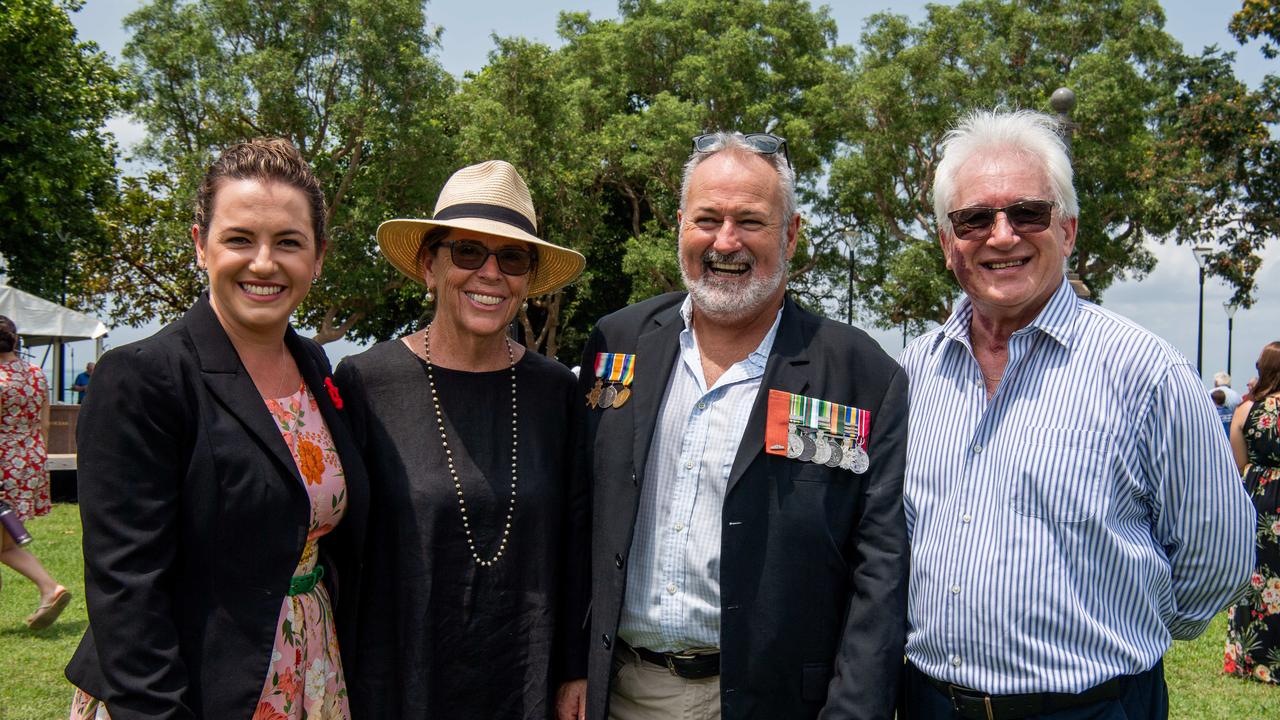 Lia Finocchiaro, Allison O'Connor, Terry O'Connor and Kon Vatskalis at the Darwin Cenotaph's Remembrance Day service, 2023. Picture: Pema Tamang Pakhrin