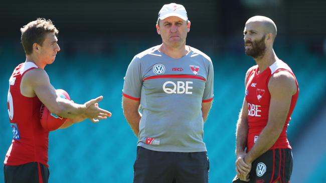 Sydney coach John Longmire talks to Kieren Jack and Jarrad McVeigh at training this week. Picture. Phil Hillyard