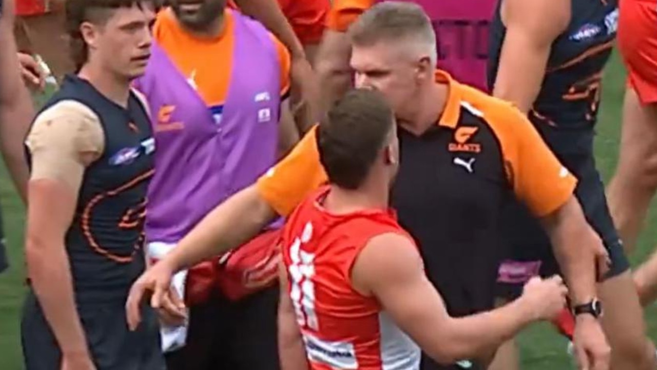 The quarter-time incident where GWS football boss Jason McCartney made contact with Sydney forward Tom Papley. Picture: Channel 7