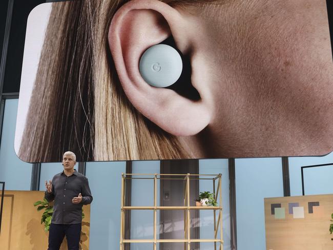 Rick Osterloh, SVP of devices and services at Google, discusses the new Google Pixel Buds ear pods during a Google launch event. Picture: Getty