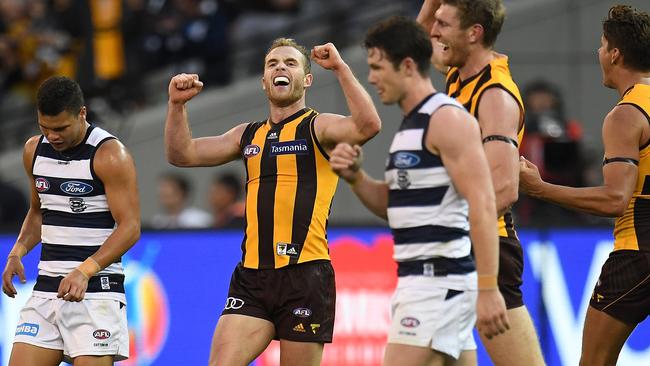 Tom Mitchell celebrates the Hawks’ win on the siren. Picture: AAP