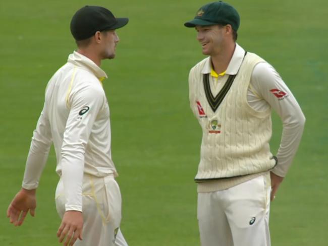 Peter Handscomb chats with Cameron Bancroft on the fateful day.