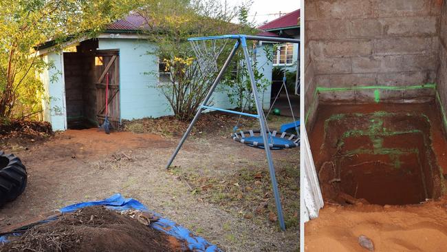 An old outhouse was excavated after a cadaver dog scented human remains at the little girl’s home on the corner of Inverai Rd and Burbank St in Chinchilla on the Western Downs in December 2019. Pictures: Peta McEachern