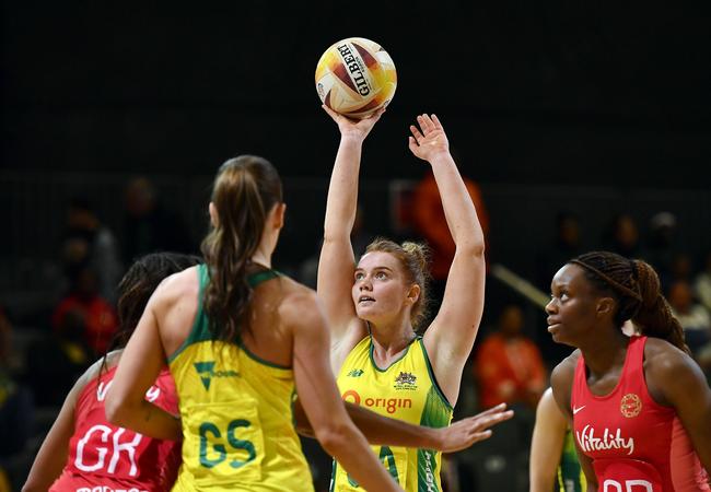 Steph Wood takes a shot at goal. Picture: Getty