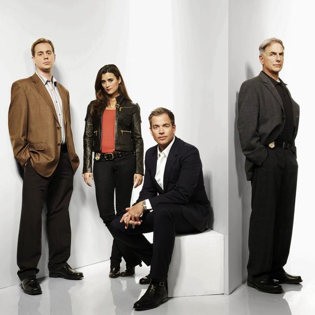 Team NCIS … an early publicity shot of the cast of NCIS starring Sean Murray, Cote de Pablo, Michael Weatherly and Mark Harmon, Picture: Supplied/CBS