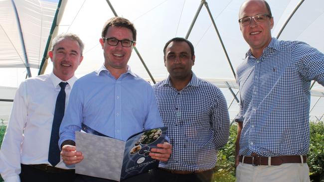 Gurmesh Singh, former chairman of Oz Group, photographed with David Littleproud (second from left) in 2018 before he became Coffs Harbour MP.