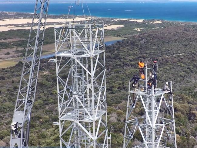 Drone image of the construction of a new telecommunications tower for Telstra at Waterhouse in Tasmania's North East.