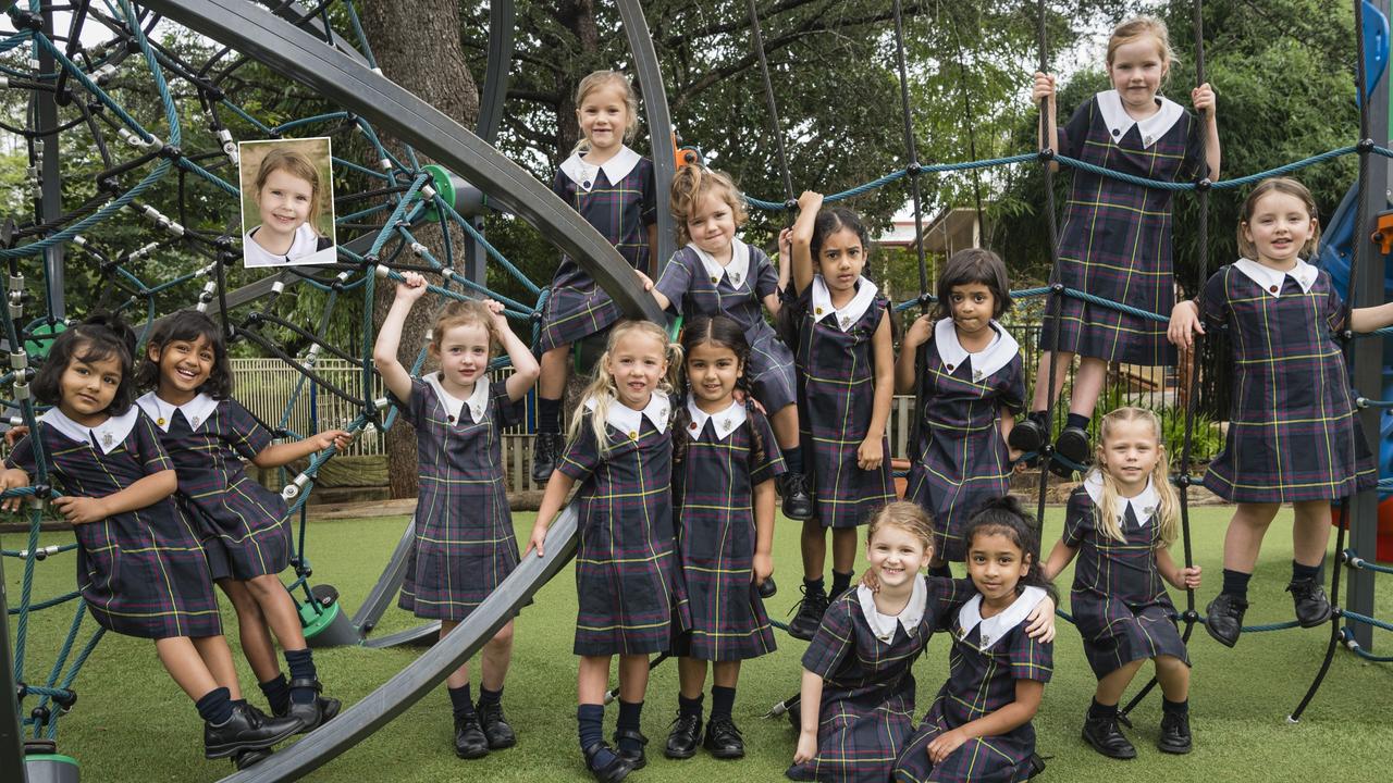 MY FIRST YEAR 2024: Fairholme College Prep students (from left) Evelyn Kaur, Eva Solanki, Imogen Collyer, Lyla Neville, Stella Valdal, Gracy Maan, Dulcie Millers (back), Hinaya Saini, Anneke Brumpton, Ciana Vimal, Aleena Mohamed Ali, Iona Pihl (back), Isla Watts and Audrey Blatchley. Inset is Talulah Smith, Friday, February 9, 2024. Picture: Kevin Farmer