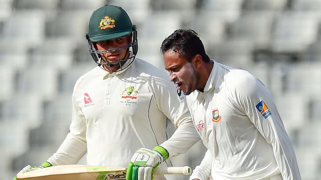 Khawaja is given a huge send-off by Shakib Al Hasan in the first Test.