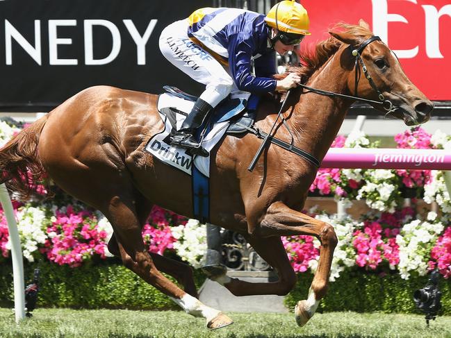 MELBOURNE, AUSTRALIA - NOVEMBER 09:  Linda Meech riding Linguist wins race 1 the Drinkwise Plate on 2017 Oaks Day at Flemington Racecourse on November 9, 2017 in Melbourne, Australia.  (Photo by Michael Dodge/Getty Images)