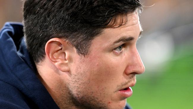 BRISBANE, AUSTRALIA – AUGUST 11: Mitchell Moses of the Eels is seen looking dejected after sustaining an injury during the round 24 NRL match between the Brisbane Broncos and Parramatta Eels at The Gabba on August 11, 2023 in Brisbane, Australia. (Photo by Bradley Kanaris/Getty Images)