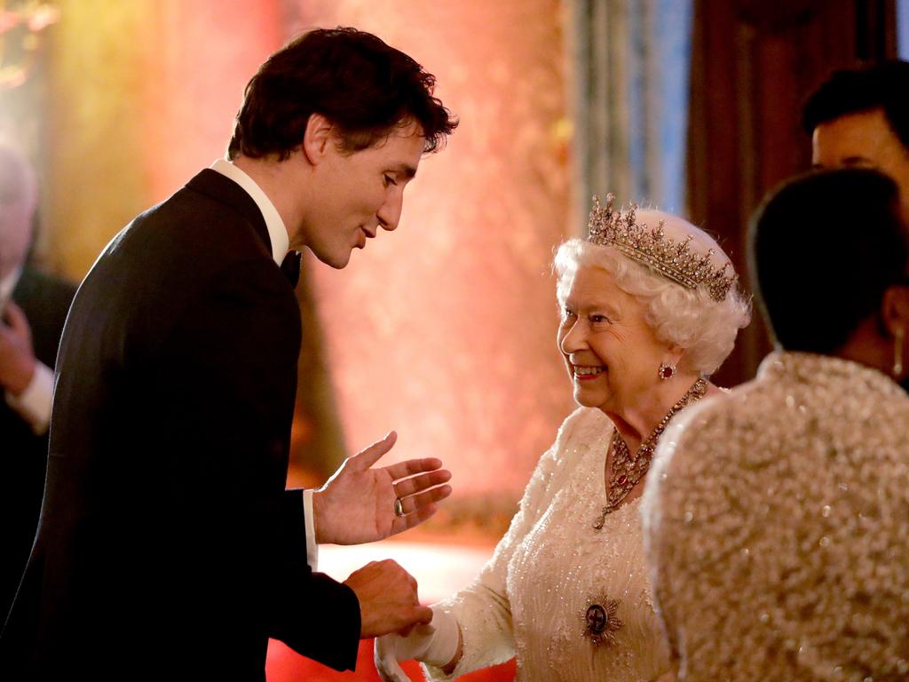 Queen Elizabeth II greets Canadian Prime Minister Justin Trudeau at the Commonwealth Heads of Government Meeting (CHOGM) at Buckingham Palace, April 2018. Picture: Matt Dunham/Getty Images