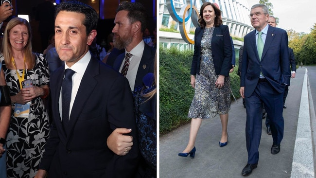 David Crisafulli, left, was on then-premier Annastacia Palaszczuk's mind during a 2019 trip to bid for the Brisbane Olympics.