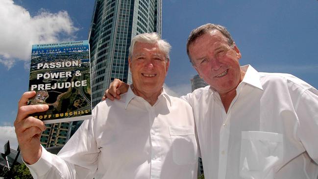 Geoff Burchill with Chairman of Tourism Queensland Terry Jackman launching "Passion, Power &amp; Prejudice" in 2005. Picture: Paul Riley