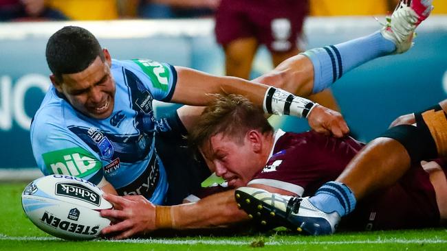 Harry Grant sealed a dream Origin debut with a try to seal the game for Queensland. Picture: AFP.