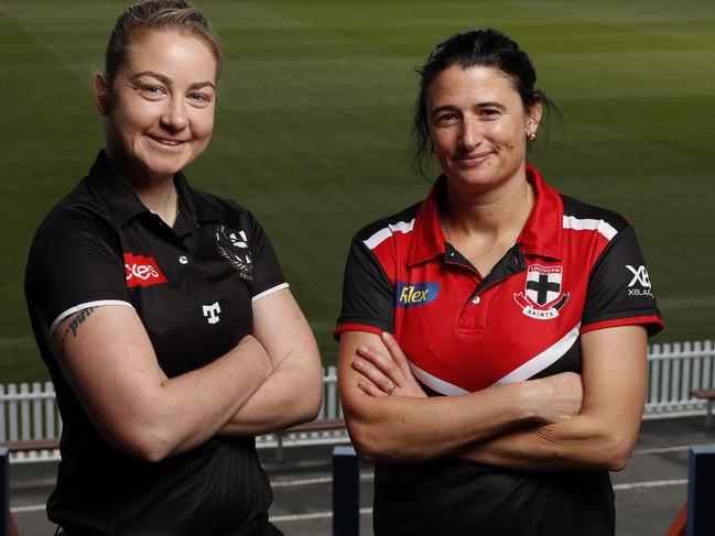 Pies coach Penny Cula-Reid and her Southern Saints counterpart Peta Searle.