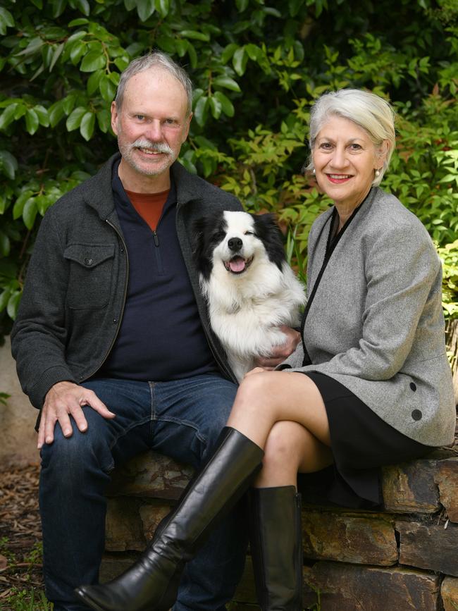 Dr Lomax-Smith beat former Lord Mayor Sandy Verschoor, pictured here with her husband Greg Mitchell and their dog Scout. Picture: Naomi Jellicoe