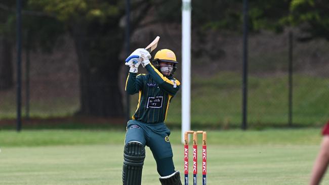 Meredith's Harli Givvens bats during the T20 grand final against Bannockburn. Picture: Wes Cusworth.
