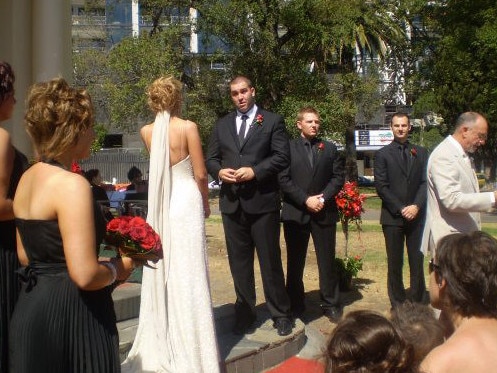 The bride wore white, and the bridal party went with black.