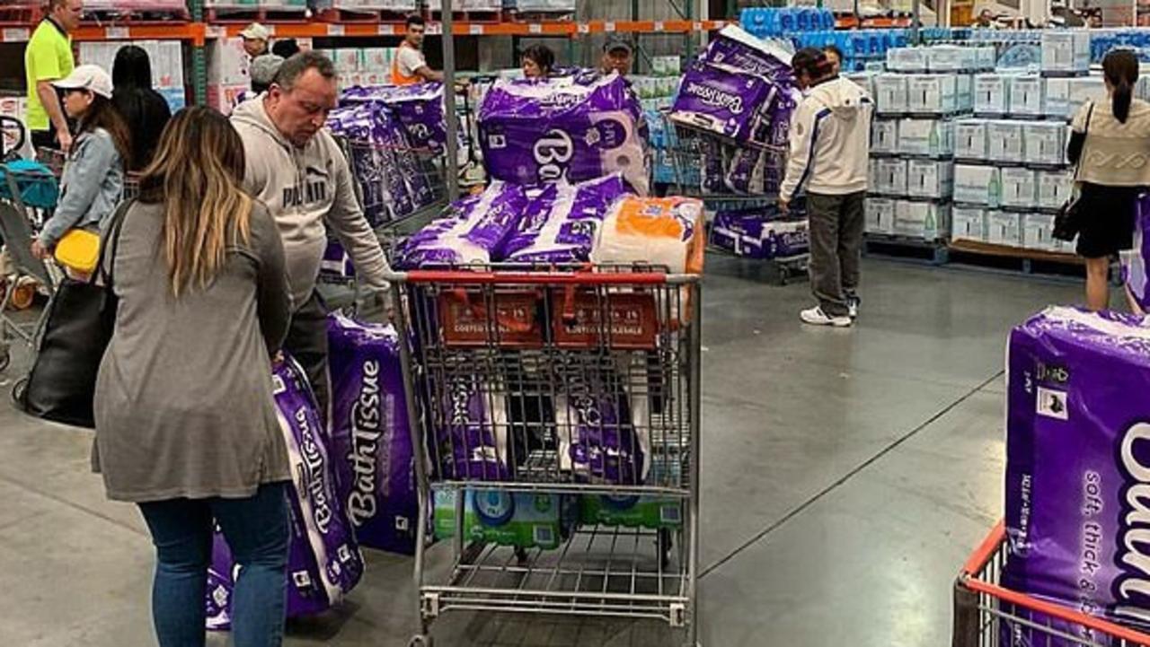 Scenes from Costco Casula of people panic buying toilet paper due to coronavirus pandemic fears.