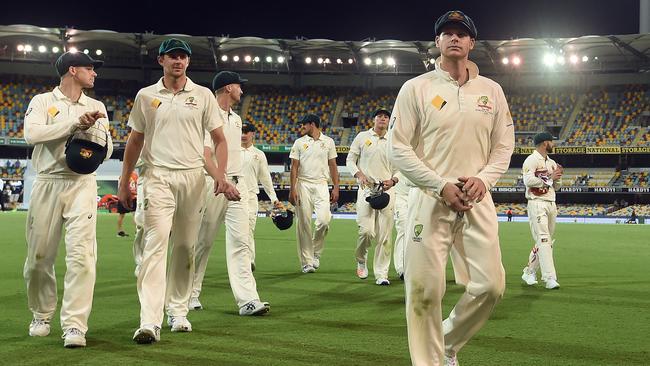 Australian captain Steve Smith leaves the field at stumps. Picture: AAP Images.