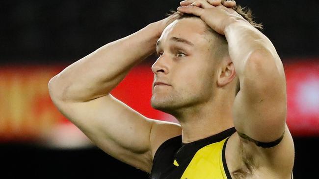 MELBOURNE, AUSTRALIA - JULY 01: Jayden Short of the Tigers looks dejected after a loss during the 2021 AFL Round 16 match between the Gold Coast Suns and the Richmond Tigers at Marvel Stadium on July 01, 2021 in Melbourne, Australia. (Photo by Michael Willson/AFL Photos via Getty Images)