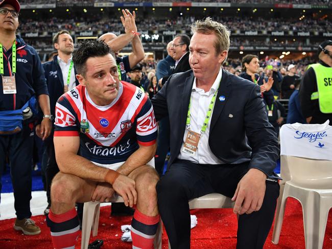 Roosters coach Trent Robinson and Cooper Cronk celebrate the ultimate 2018 NRL grand Final injury gamble. Picture credit: NRL.