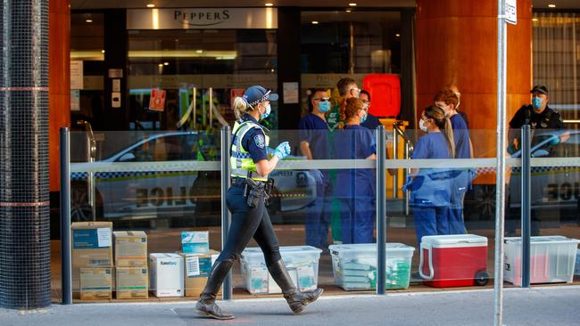 Medical staff and police assemble at Peppers Hotel on Waymouth Street, Picture Matt Turner.