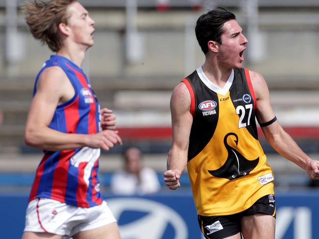 Lachlan McDonnell of the Stingrays celebrates a goal during the TAC Cup Grand Final between the Dandenong Stingrays and the Oakleigh Chargers played at Ikon Park Carlton on Saturday 22nd Sept, 2018.