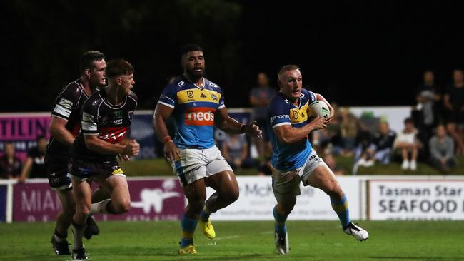 Gold Coast Titans halfback Tanah Boyd makes a break during a pre-season trial against Burleigh Bears at Pizzey Park. February 20, 2021. Photo Jason O'Brien