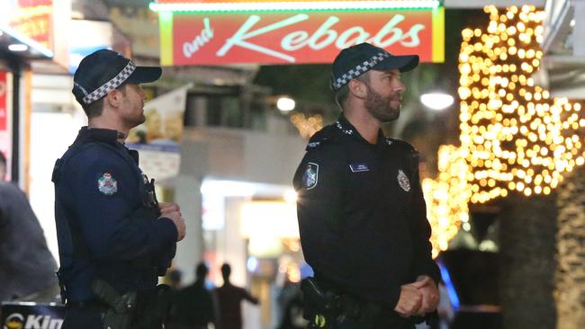 Police on patrol in Surfers Paradise – young people say they are concerned about their safety there. Picture: Glenn Hampson.