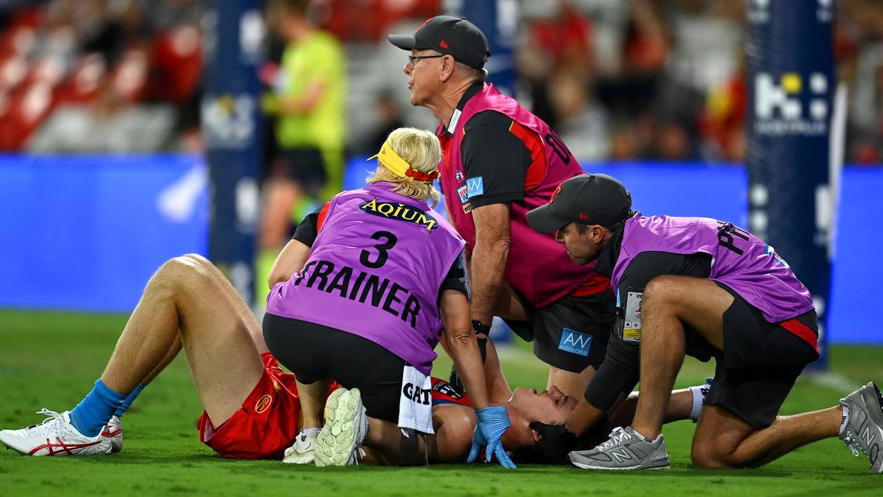 Ballard was stretchered off. Photo by Albert Perez/AFL Photos via Getty Images