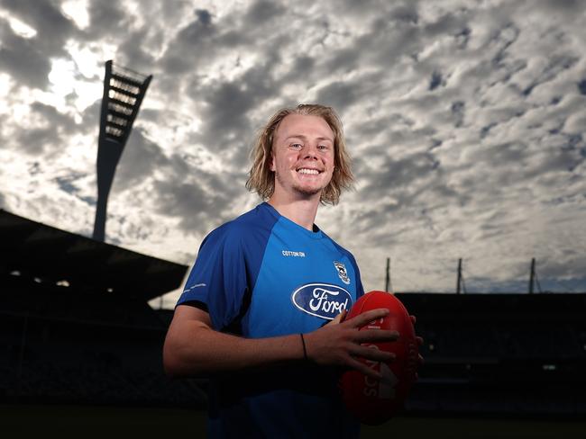 GEELONG, AUSTRALIA - MARCH 06: Zach Guthrie of the Cats poses during a Geelong Cats AFL training session at GMHBA Stadium on March 06, 2024 in Geelong, Australia. (Photo by Robert Cianflone/Getty Images)