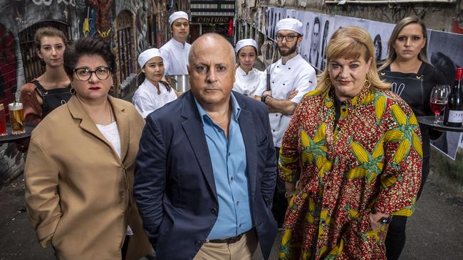 Grossi Florentinos' partner Liz Rodriguez, Chin Chin owner Chris Lucas and Di Stasio Citta owner Mallory Wall are joined by staff members Tenika Greig, Karen Takizawa, Wachirapong Boonplook, Doug Keyte, Kullanat Arrunnapaporn and Laura Crouch. Picture: Jake Nowakowski