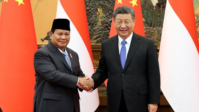 Chinese President Xi Jinping and Indonesia's President-elect Prabowo Subianto shake hands at the Great Hall of the People in Beijing in April. Picture: Reuters