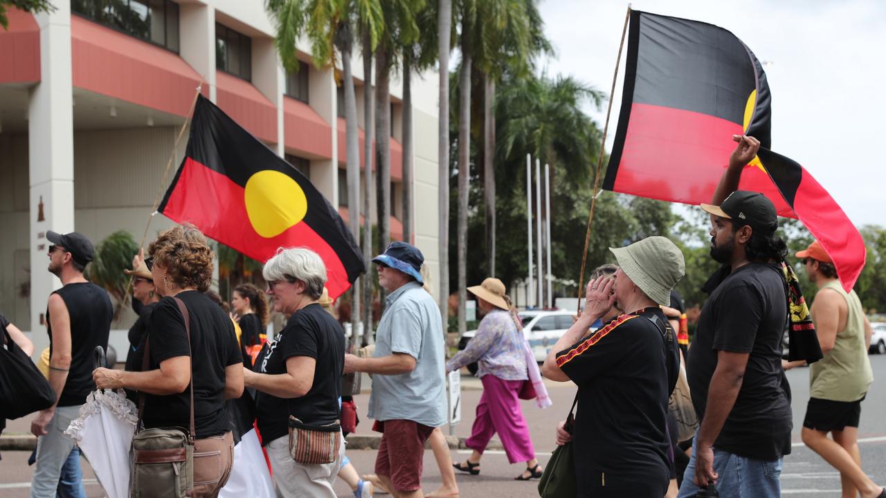 Hundreds of Territorians demonstrated on Invasion Day 2024 by marching from Civic Park through Darwin city past the Local Court on Friday, January 26. Picture: Zizi Averill