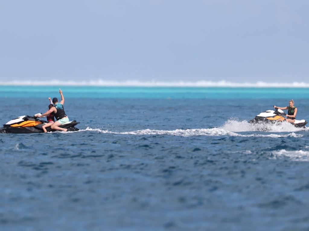 Karl Stefanovic and girlfriend Jasmine Yarbrough were spotted holidaying in Bora Bora with James Packer and his kids, aboard his luxury yacht Arctic P. They were also accompanied by a group of friends, including a mystery brunette, who is pictured sitting next to a visibly larger James Packer. Picture: Backgrid