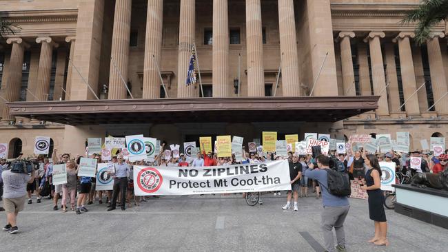 Protesters at Brisbane City Hall to rally against the Mt Coot-tha zipline. Picture: Mark Cranitch