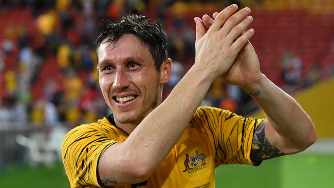 Mark Milligan of the Socceroos is seen reacting at the end of the International friendly match between Australia and the Korea Republic at Suncorp Stadium, in Brisbane, Saturday, November 17, 2018. (AAP Image/Darren England) NO ARCHIVING, EDITORIAL USE ONLY