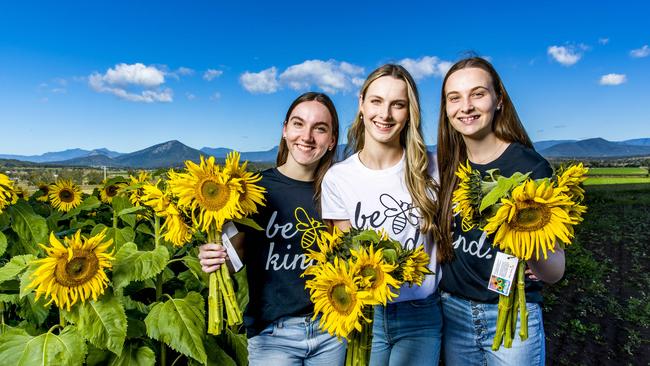 Sarah Baden-Clay, Hannah Baden-Clay and Ella Baden-Clay with sunflowers to promote Allison Baden-Clay Foundation. Picture: Richard Walker