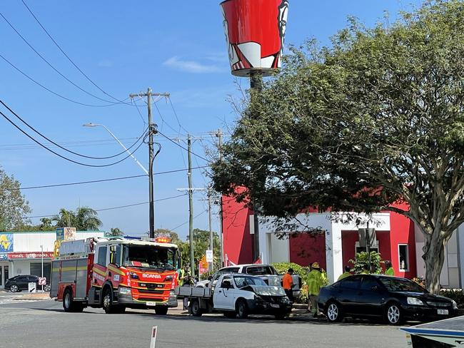 A crash on Nebo Road left a ute smashed on October 28, 2022. Photo: Zoe Devenport