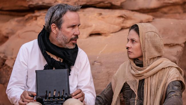 Director Denis Villeneuve and Rebecca Ferguson on the set of Dune: Part Two.