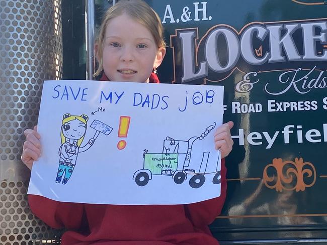 Heyfield Primary School student Indiana Lockett, is heading to Morwell to help save her dad's timber job