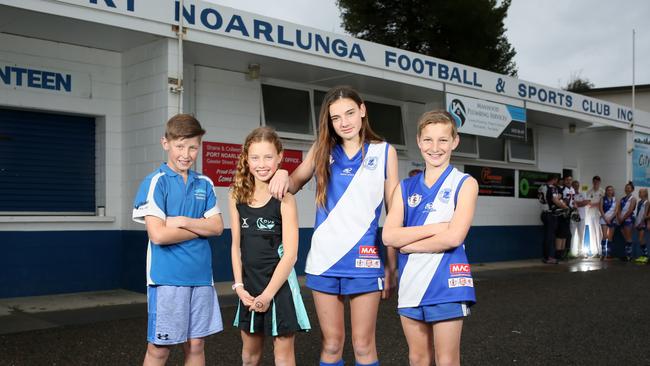 Keaton, 11, Zoe, 11, Baylee, 14, and Blake, 12, all use the Port Noarlunga sports club for different sports. Picture: AAP / Emma Brasier