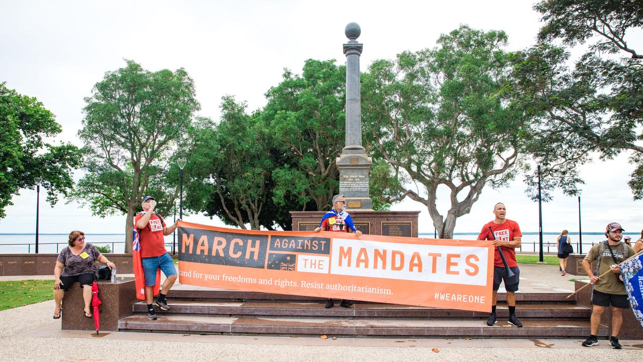 Protesters congregate at the Cenotaph at a Free in the NT march in Darwin. Picture: Glenn Campbell