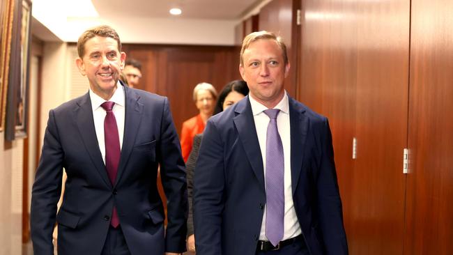Steven Miles, pictured with Cameron Dick, after he was elected Queensland’s new premier at a Labor caucus meeting in mid-December. Picture: Steve Pohlner
