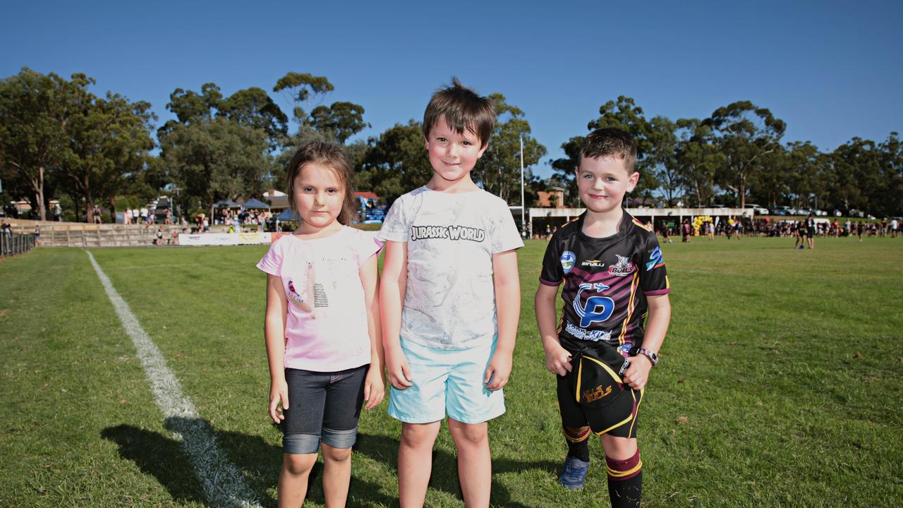 (LR) Stella Brown (4), Liam's Gray (6) and Jordy Brown (7) at the Hills Bulls vs Guildford Owls in the Gremmo Memorial Shield at Crestwood Oval on the 7th of April 2019. Photographer: Adam Yip